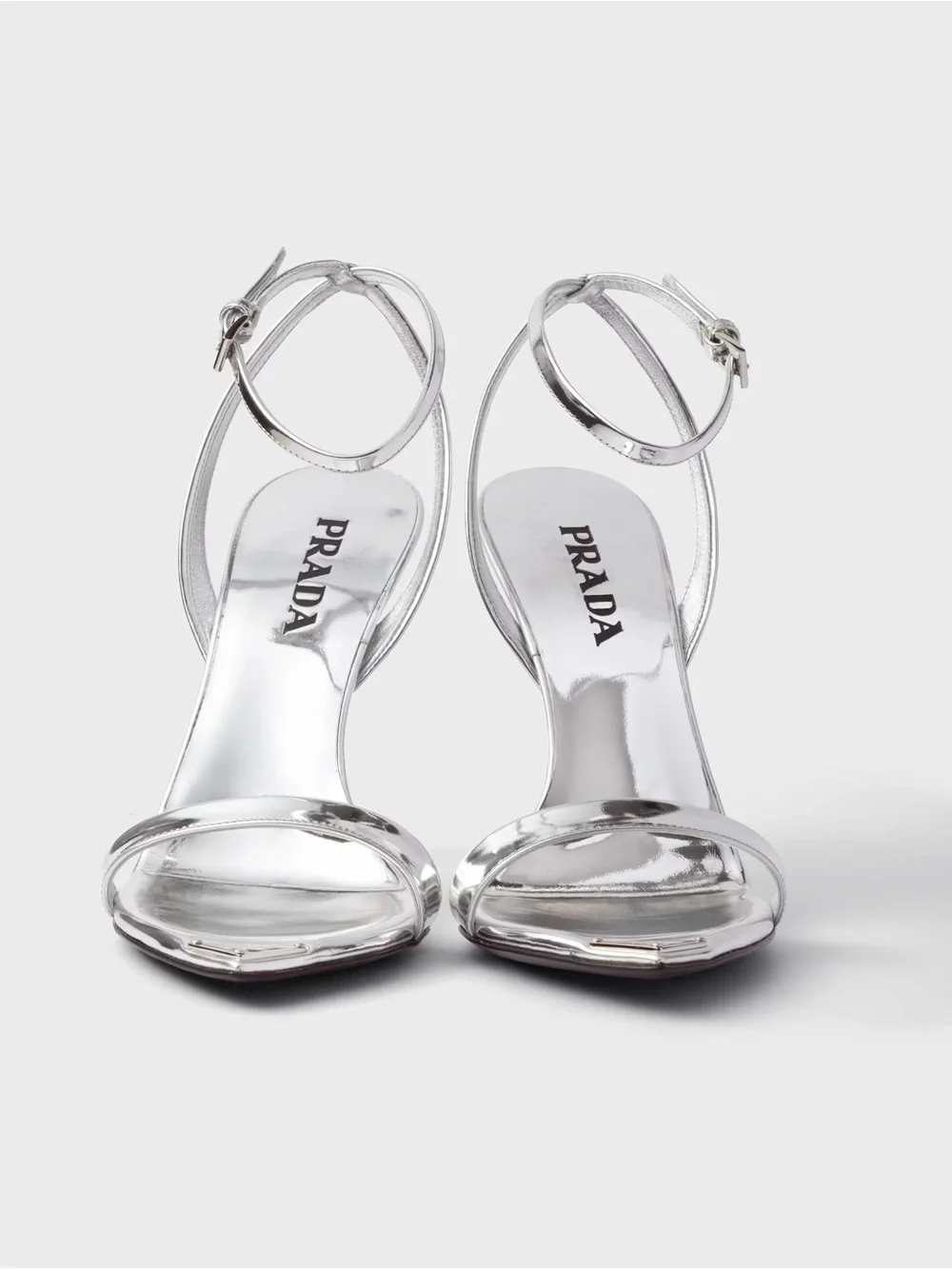 Prada Silver Mirror Leather Ankle-Strap Stiletto Sandals